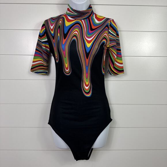 Jaded London Abstract Colors Short Sleeved Bodysuit Black sz S - Picture 1 of 7